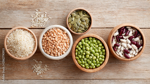 Healthy Legumes and Whole Grains in Bowls on Rustic Wooden Table
