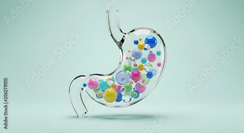 Human stomach anatomy, transparent glass organ filled with colorful probiotic bacteria. Digestive health and gut microbiome concept, medical illustration for wellness and nutrition.