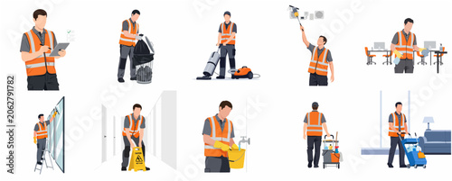 Professional Janitorial Service Staff Vector Illustration Set, Male Cleaners in High Visibility Vests Performing Office Maintenance, Vacuuming, and Window Washing Tasks