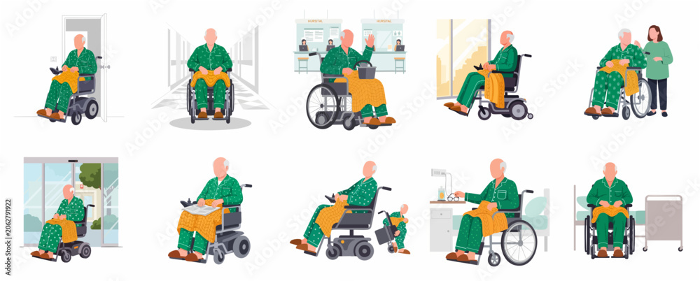 Fototapeta premium Elderly man in wheelchair hospital patient illustration set, senior healthcare and disability recovery scenes