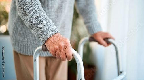 Senior Man Using Walker for Mobility and Independence at Home