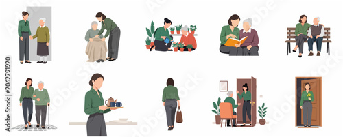 Social worker and daughter caring for elderly person set of flat vector illustrations. Caregiver assisting senior citizen with daily activities like gardening, walking, and reading.