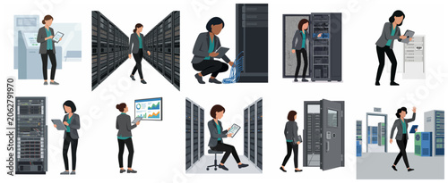 Professional female IT engineer working in a modern data center server room managing cloud infrastructure and networking maintenance, flat vector illustration set.