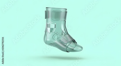 Transparent ankle brace, medical support device for injury recovery. Clear plastic foot and ankle stabilizer, orthotic for rehabilitation and sports protection.