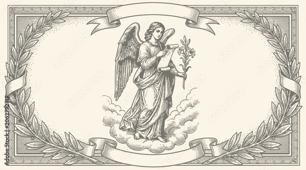 Naklejka premium Exquisite vintage monochrome woodcut engraving of Archangel Gabriel, divine celestial messenger with majestic wings, intricate antique spiritual vector art illustration, historic religious icon.