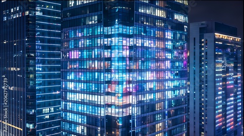 Neon Heights: Illuminated Glass Skyscrapers at Night