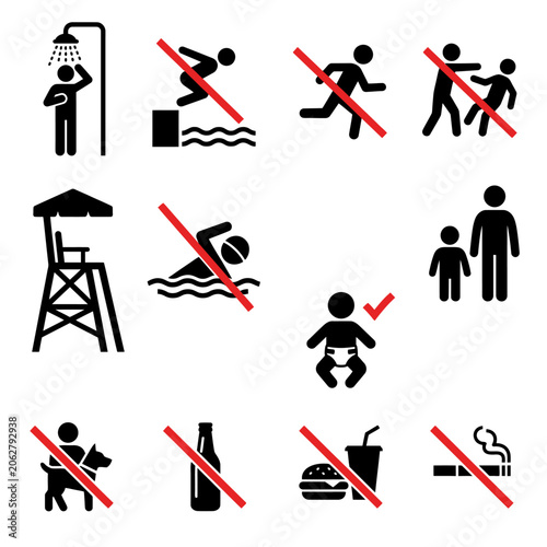 Photography Vector icons showing safety rules for a public swimming pool