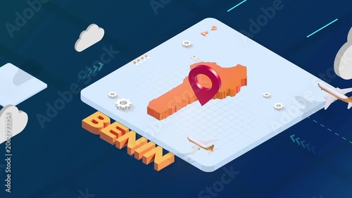 Isometric 3D Render of Benin Map with Red Location Pin Pointer and Floating Airplanes