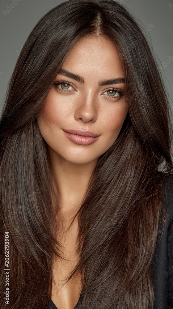 Naklejka premium A striking portrait of a woman with long dark hair and hazel eyes against a neutral background, showcasing beauty and fashion aesthetics.