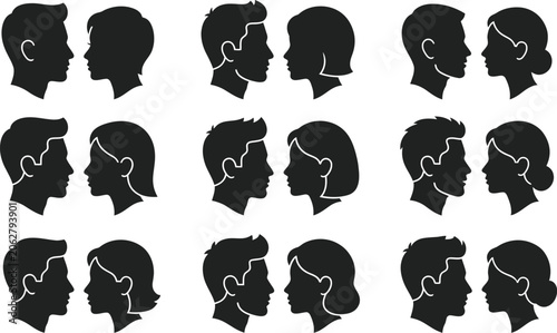 Couples in silhouette profile show various hairstyles and gender representations for social graphics.