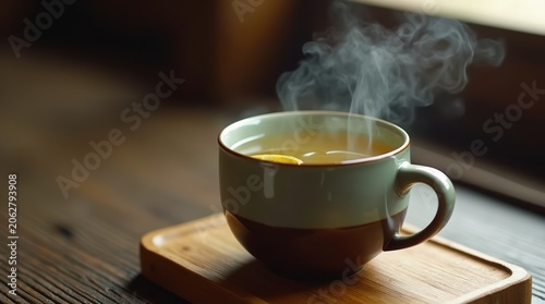 Steaming Hot Tea Cup on Wooden Surface Closeup.