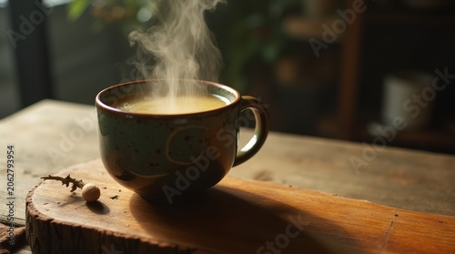 Steaming Hot Coffee Cup on Wooden Table in Morning Light.