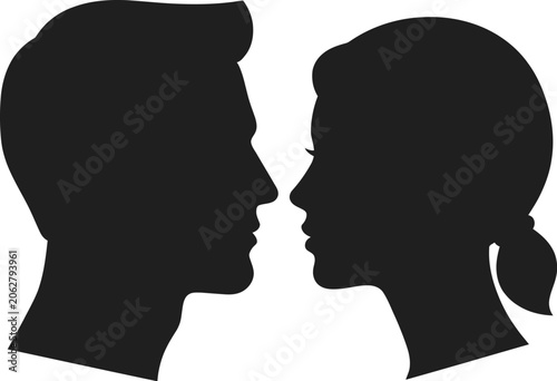 Man and woman silhouettes face each other to represent romantic connection and human communication.
