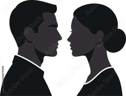Couple silhouettes represent a man and a woman in a romantic or professional profile view against a plain background.