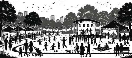 Festival in a city park features people enjoying live music, food stalls, and outdoor recreational activities during the day.