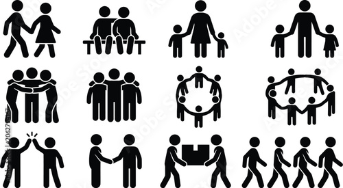 People icons illustrate various social interactions and team building activities in a simple black silhouette style.