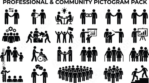 Pictograms representing professional and community activities show diverse group interactions and social concepts.
