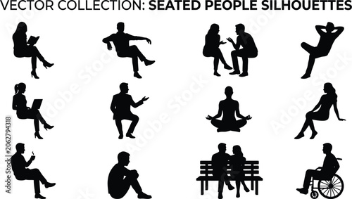 Silhouettes representing various seated human activities serve as essential design elements for modern architectural and lifestyle projects.