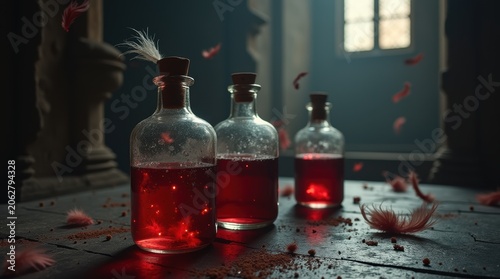 Three Glass Bottles Filled With Red Liquid On Table.