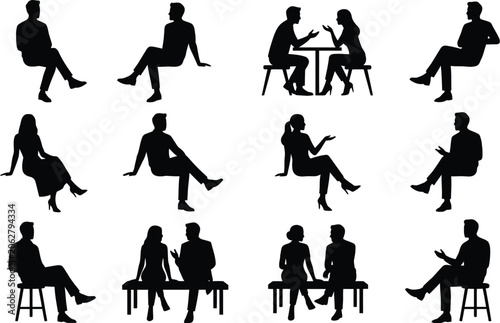 Silhouettes of various people sitting and interacting in professional or casual settings are displayed as a collection.
