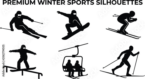 Winter sports silhouettes display various skiers and snowboarders engaging in mountain activities.