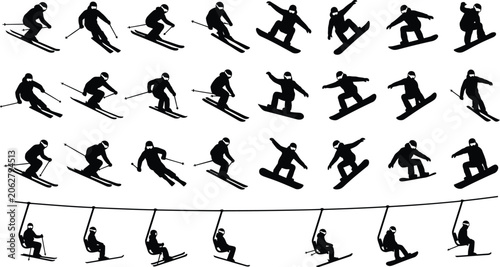 Winter sports silhouettes feature a comprehensive collection of skiers, snowboarders, and chairlifts.