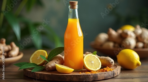 Fresh homemade ginger lemon juice in glass bottle.