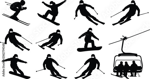 Skiers and snowboarders navigate mountain slopes in a collection of winter action silhouettes.