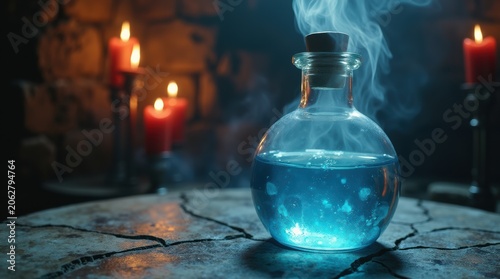 Glowing Blue Potion Bottle with Magical Smoke and Candles.
