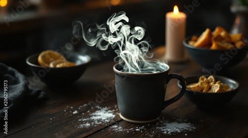 Steaming Hot Coffee Cup with Pastries and Candlelight.