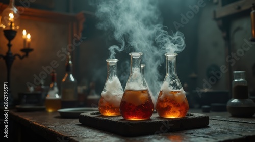 Steaming Glass Flasks with Amber Liquid on Wooden Table.