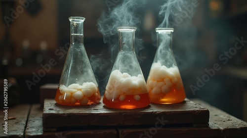 Three laboratory flasks with chemical reactions producing smoke.