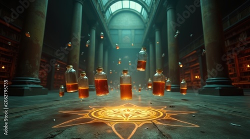 Magical Ancient Library Interior With Floating Books.