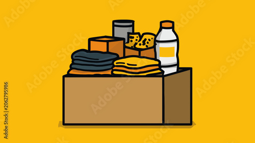 Fotografie Donation Box With Clothing, Food, and Bottle