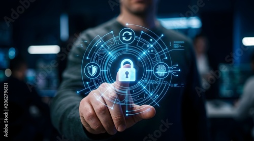 Futuristic digital interface with human hand touching holographic data icons
