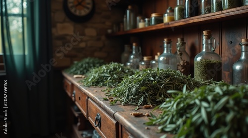 Herbs Drying on Wooden Shelf in Rustic Apothecary Room.