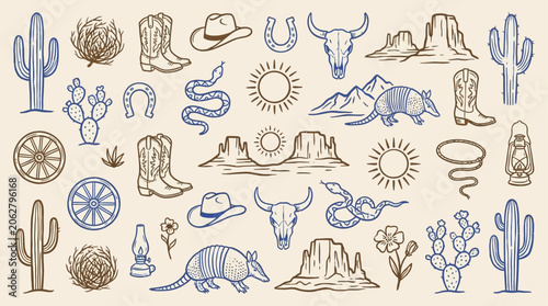 Minimalist Western Desert Symbols Set Featuring Folk Vector Illustration of Cacti, Sun, Mountains, and Tribal Motifs in a Hand-Drawn Bohemian Style for Creative Graphic Design Projects.