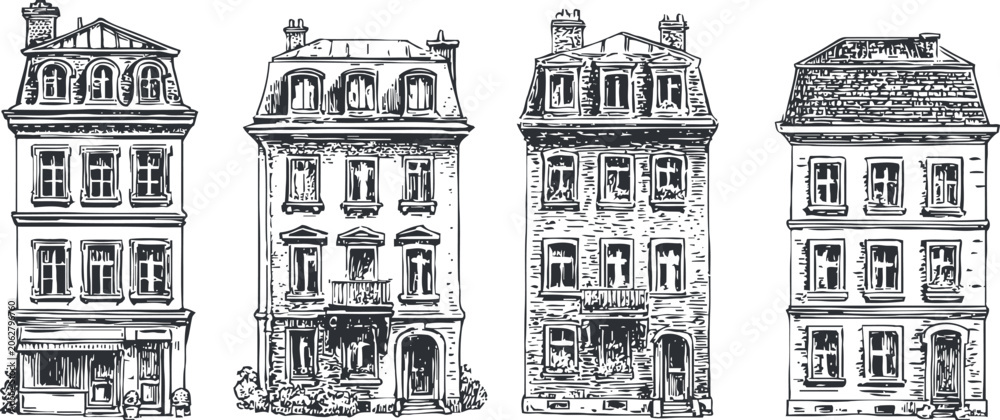Obraz premium vintage engraving set of urban buildings with intricate architectural details and classic facades