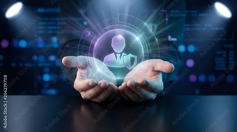 Fototapeta premium Hands holding holographic businessman avatar with digital interface and network connections for business technology concepts.