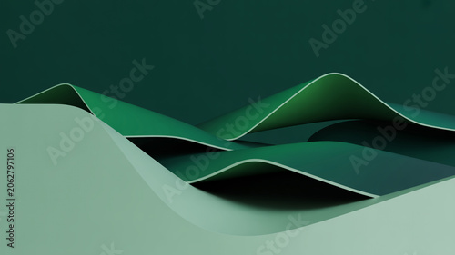 Abstract landscape of green wavy paper-like forms with soft lighting