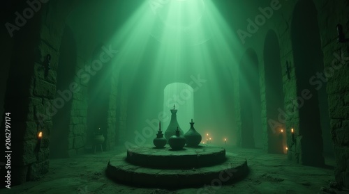 Ancient mystical chamber with glowing green light.
