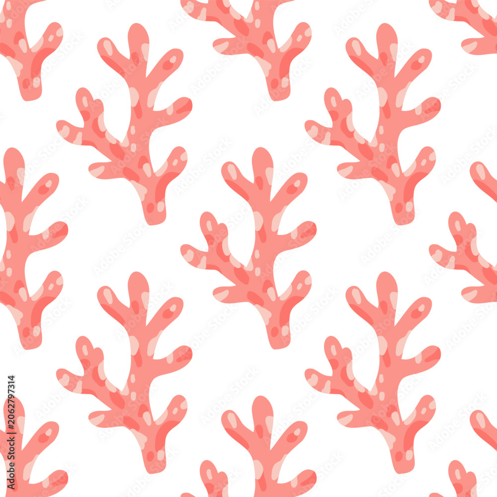 Fototapeta premium Pink coral branches arranged in a seamless ocean pattern on a light background, perfect for fabric prints, nursery decor