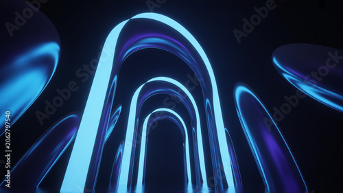 Futuristic tunnel of glowing blue arches and reflective surfaces in darkness