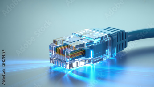 Blue ethernet cable connector glowing with digital data transfer light effect concept