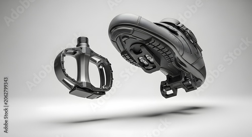 Clipless cycling shoes with mountain bike pedals, professional black mtb footwear with cleats, floating bicycle gear on grey studio background
