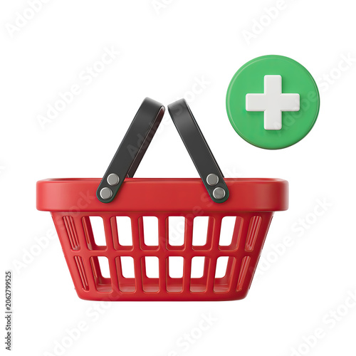Empty Red Shopping Basket with Green Plus Sign Icon Isolated on White Background
