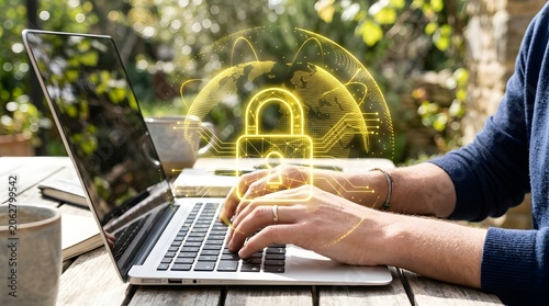 Online security on laptop with glowing lock icon