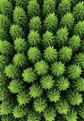 A dense, repeating pattern of evergreen tree crowns seen from above, symbolizing sustainable natural growth, woodland resources, and environmental care, stylized, conservation, wallpaper