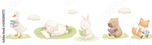 Seamless border with cute animals, watercolour illustrations for baby design, sheep, goose and capybara reading book on nature. Hand drawn childish illustrations on isolated background