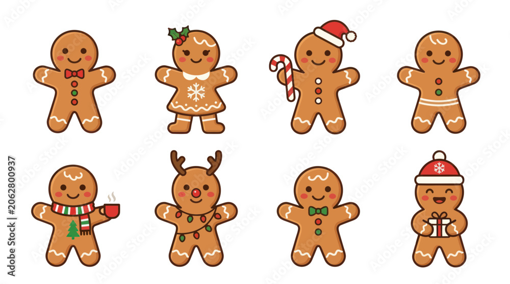 Fototapeta premium Cute gingerbread man cookies set with festive christmas decorations